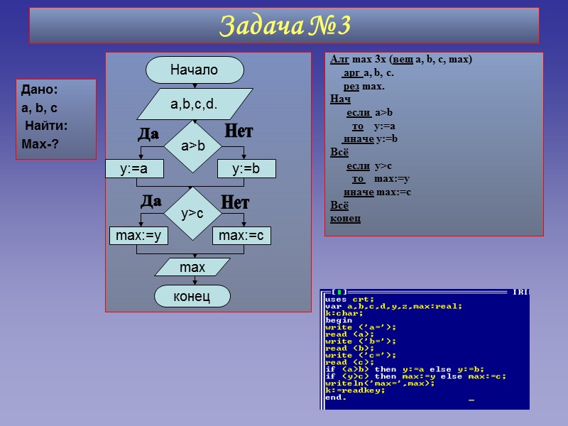 Задача №3 Алг max 3x (вещ a, b, c, max)    